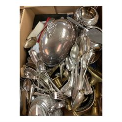 Brass Art Deco style mirror, together with a brass bell and other metalware 