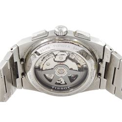 Tissot PRX gentleman's stainless steel automatic chronograph wristwatch, Ref. T137.427.11.011.00, silvered white dial with black subsidiary dials and date aperture, on stainless steel bracelet, boxed with additional links and invoice dated 2022