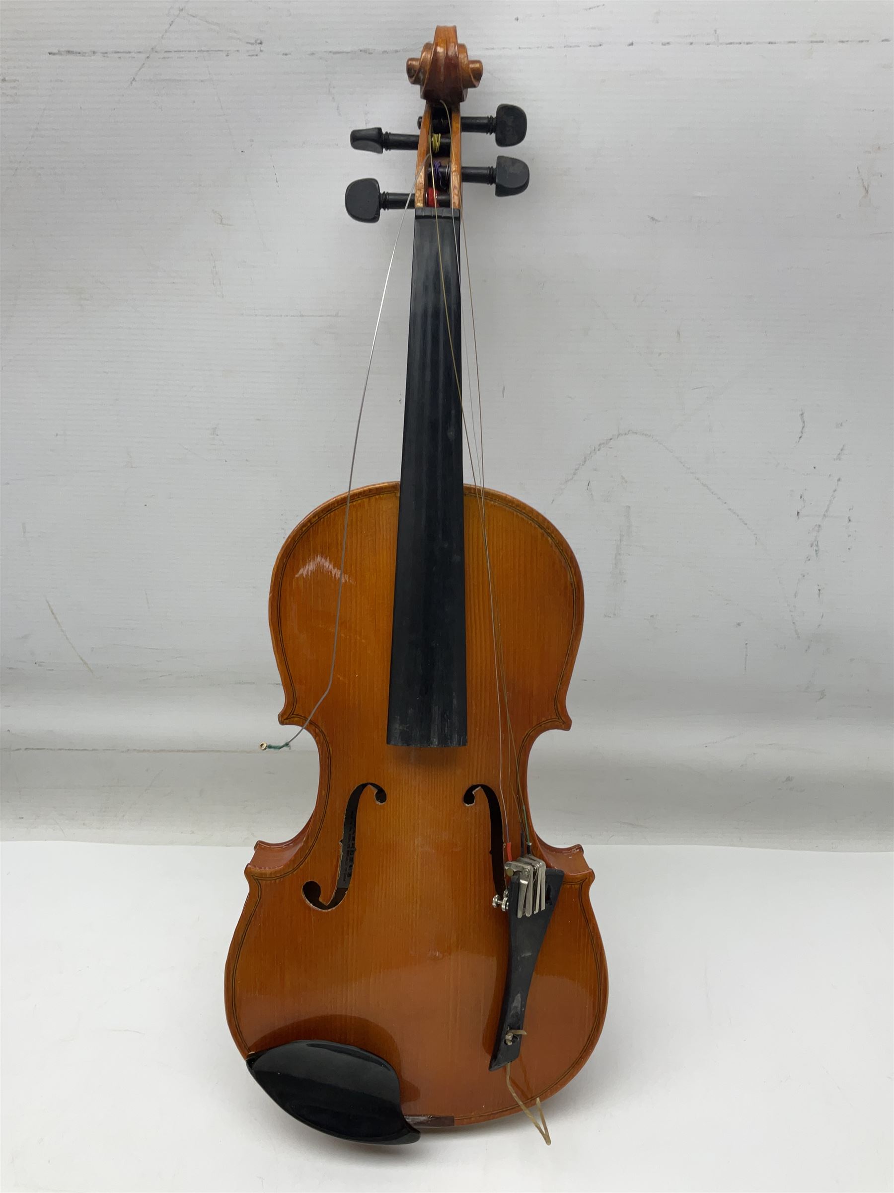 Four student violins - two Chinese three-quarter size with 33.5cm and 34cm two-piece backs; Stringers of Edinburgh quarter size with 28cm two-piece back; and Stentor quarter size with 28cm two-piece back; each in carrying case (4)