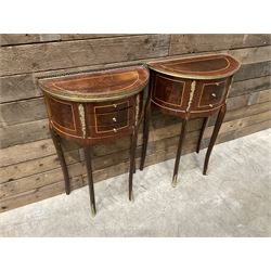 Pair French Louis XVI design demi lune side table, three drawers, on shaped cabriole legs