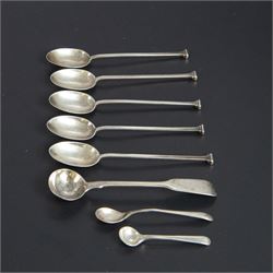 Five silver napkin rings, including pair of 1930s oval examples, with engine turned decoration with engraved initial, together with a collection of silver flatware, including Norwegian spoon, pair of Fiddle pattern mustard spoons, five seal top coffee spoons, etc, all stamped or hallmarked