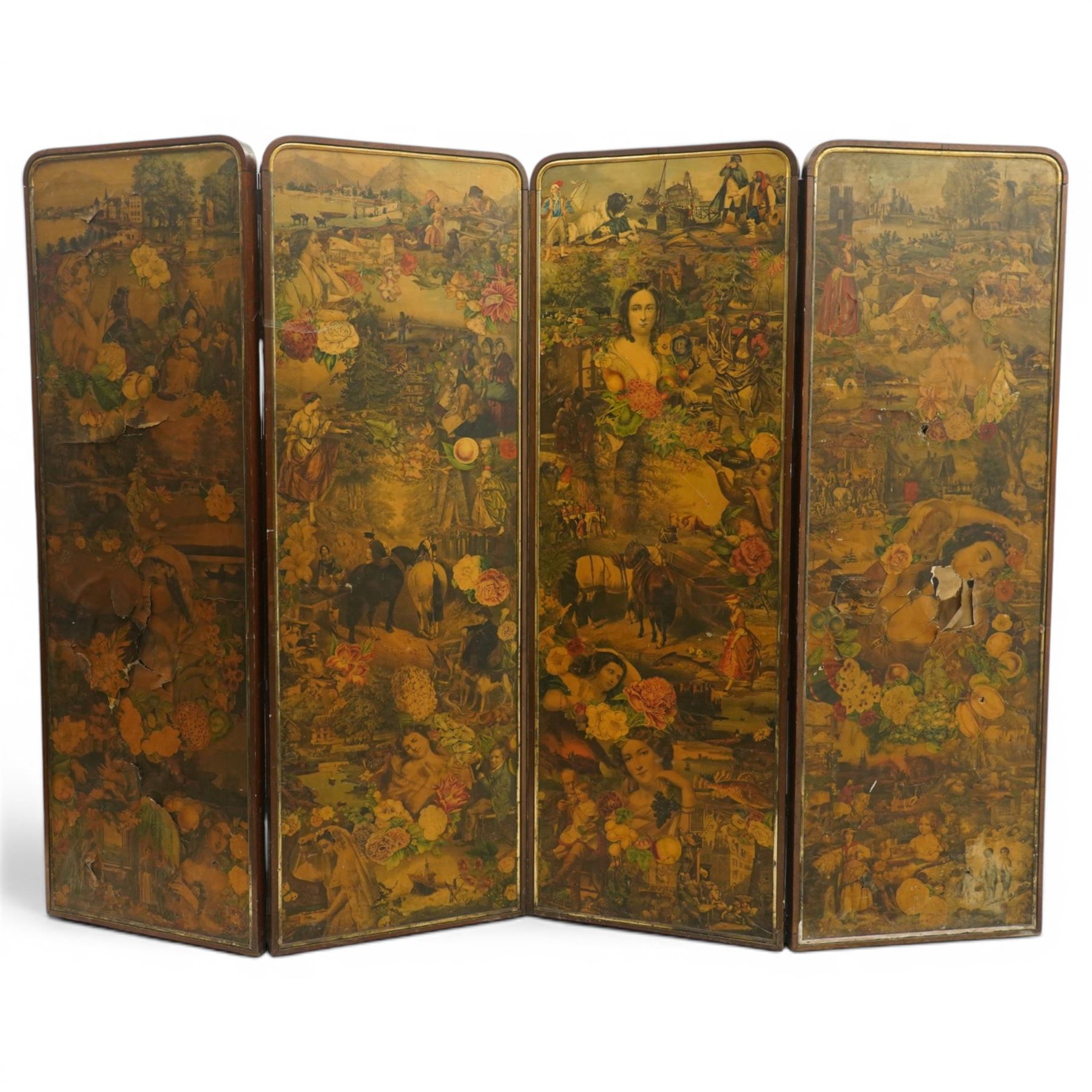 Victorian mahogany framed decoupage four-fold screen, the panels decorated with pastoral landscapes and figural scenes, within rounded moulded frames, fitted with brass mounts and amber glass handles