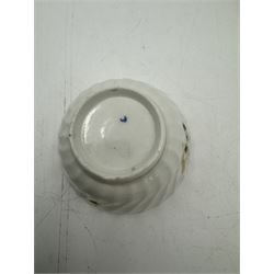 18th century Caughley blue and white sparrow jug, decorated in the Mother and Child pattern, circa 1780-1790, with underglaze C mark beneath, H9cm, together with a Worcester coffee cup, circa 1785 painted with floral sprays in underglaze blue and gilt, with crescent mark beneath, and a Caughley trio of tea cup, tea bowl and saucer, each of moulded wrythen fluted form and decorated with gilt and blue sprigs and bands, each with crescent mark beneath, (5)