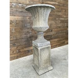 Large Georgian design cast stone garden centre-piece urn, egg and dart border, tapering column on square base, raised on square column