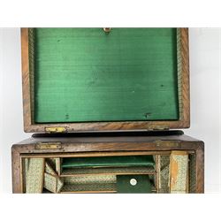 Victorian walnut sewing box, the hinged lid decorated with inlaid backgammon and cribbage board lifting to reveal lined compartmented interior with lift out tray