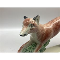 Six Rye Pottery figures, comprising, jumping fox, squirrel upon a branch, billy goat, bull, chicken and cockerel  