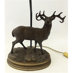  Bronzed table lamp mounted with Stag on rocky oval vase with leather shade, H67cm   