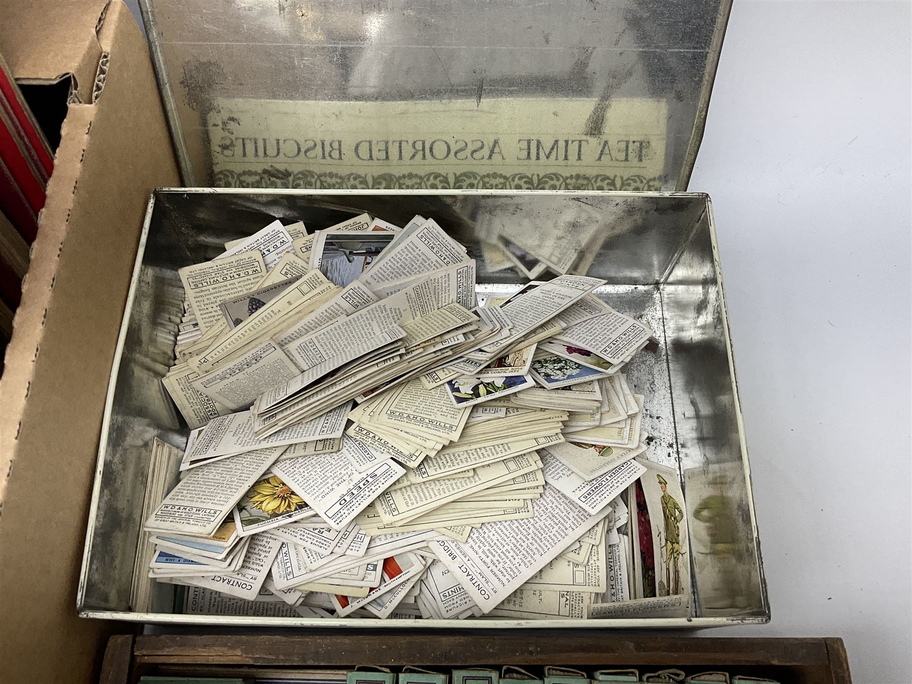 Great British and World stamps, trade cards, ephemera and miscellaneous items, including small number of Queen Elizabeth II mint decimal stamps, Antigua, Ascension, Australia, Australia, Barbados, Basutoland, British Honduras, Canada, Great Britain King George V used seahorses etc, in one box