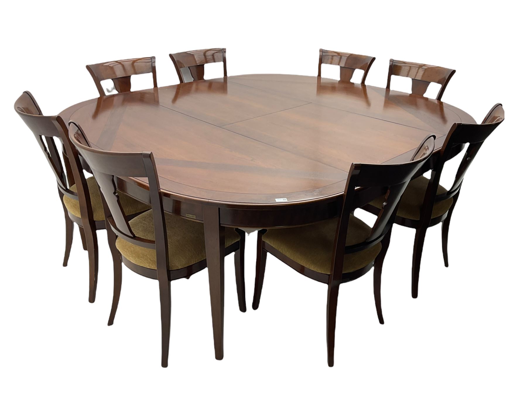 Grange Furniture - cherry wood finish oval extending dining table on square tapering supports, and a set of eight dining chairs with curved backs and upholstered seats 