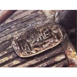 Chinese miniature silver model of a junk, with character mark to stern, mounted upon a carved wooden stand, overall H5cm L6.5cm