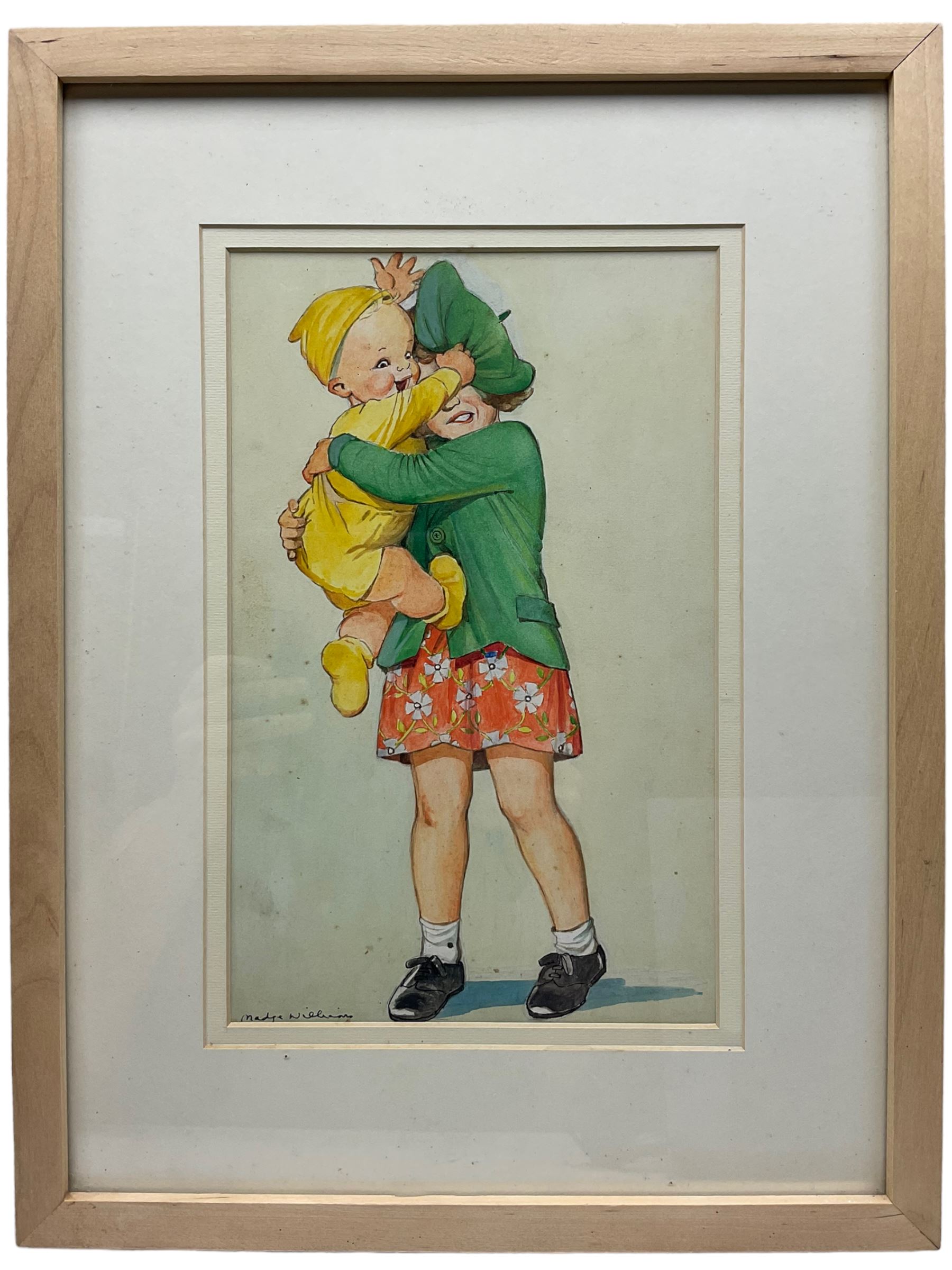 Madge Williams (British 1903-1986): 'My Baby's Got Rhythm', gouache signed together with 'Walkers Big Painting Book Number 12' 'Bumping Boats' 'Attracted to Bouys' and 'I See the Sea Now', set of four original gouache 1950's style postcard illustrations unsigned max 22cm x 31cm (5)