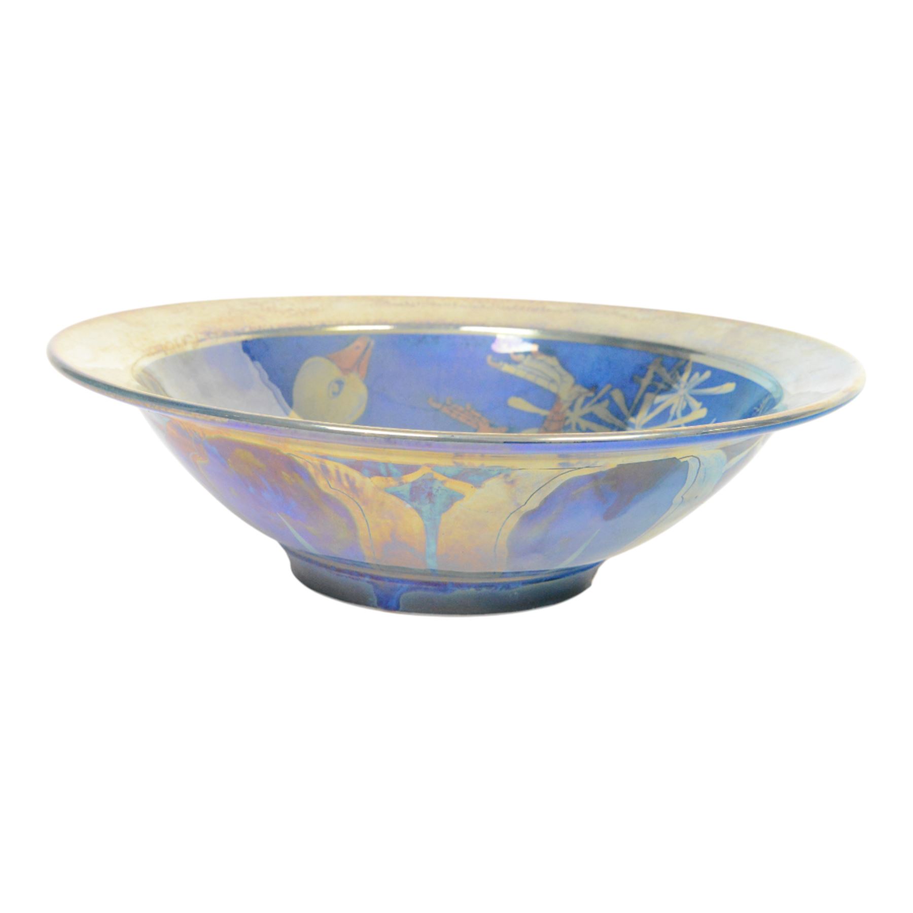 Jonathan Chiswell Jones, studio pottery lustre bowl, circular form, blue ground painted to the centre with a goose amongst foliage, painted mark beneath, D30cm