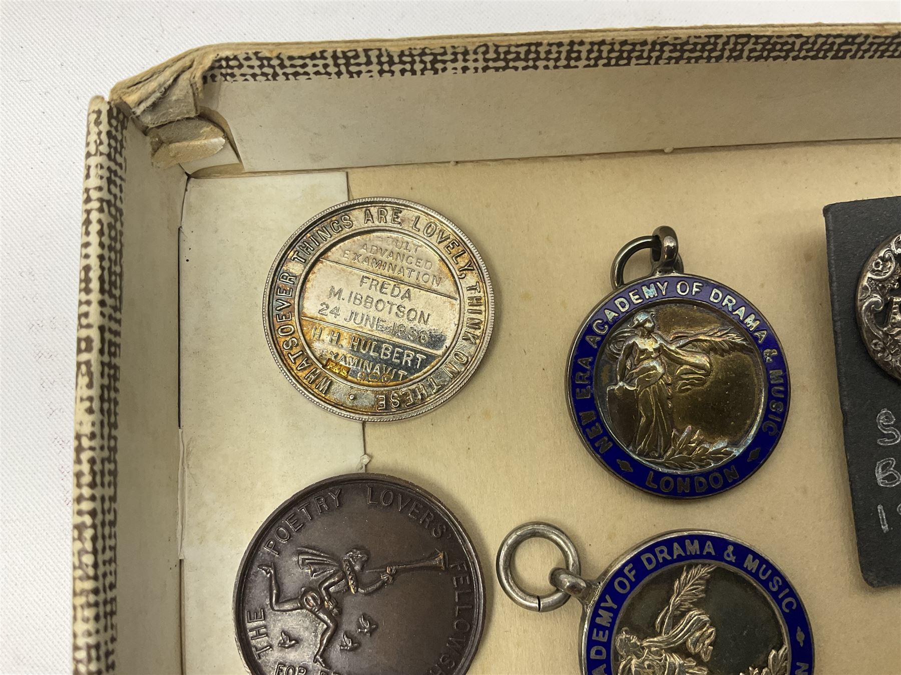 Pair of Georgian silver dress buttons, silver caddy spoon, silver fob medals, silver watches, set of six silver plated teaspoons, set of gilt buttons with ship design, etc