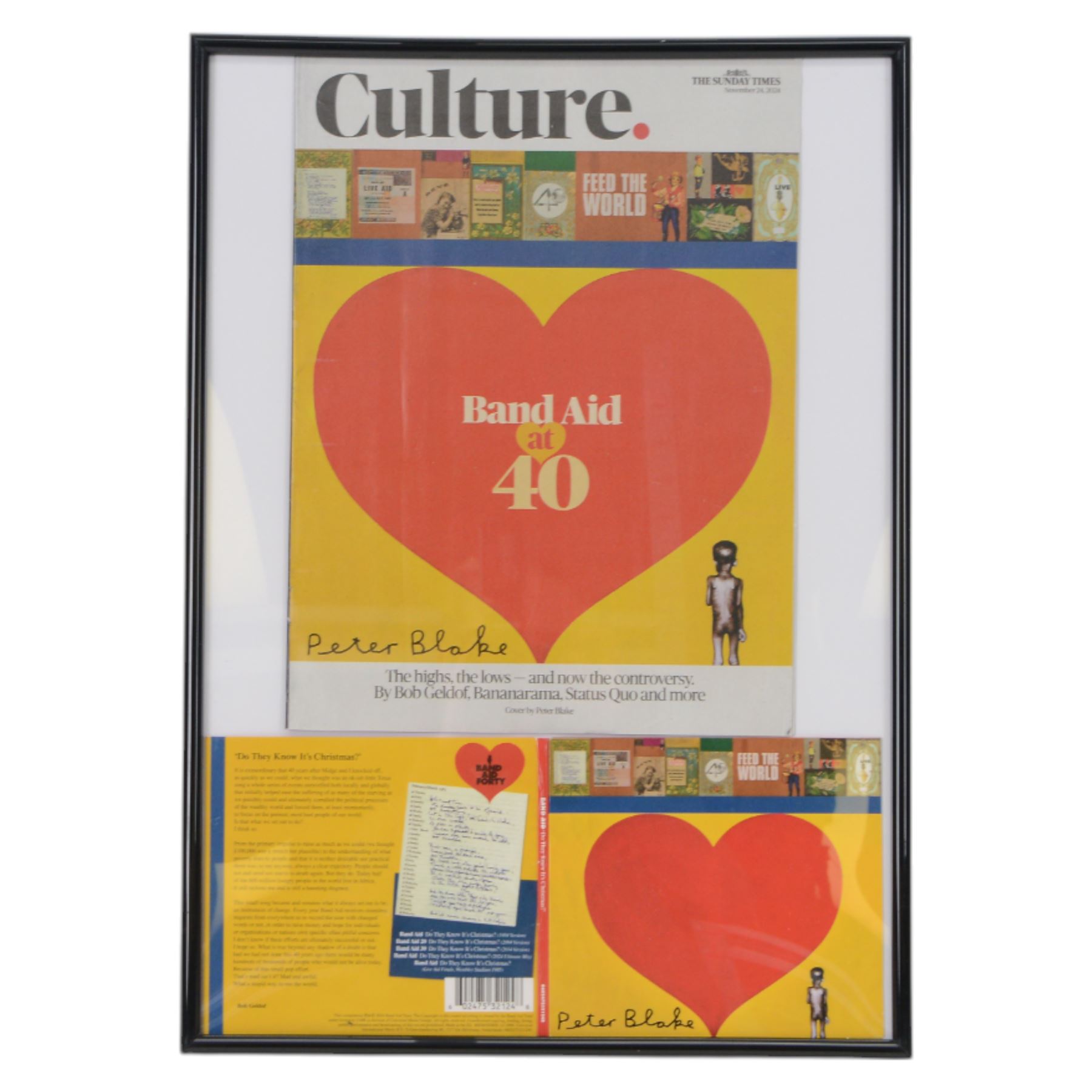 Peter Blake (British 1932-) Band Aid at 40, framed Culture Magazine and CD case, both signed, H43cm