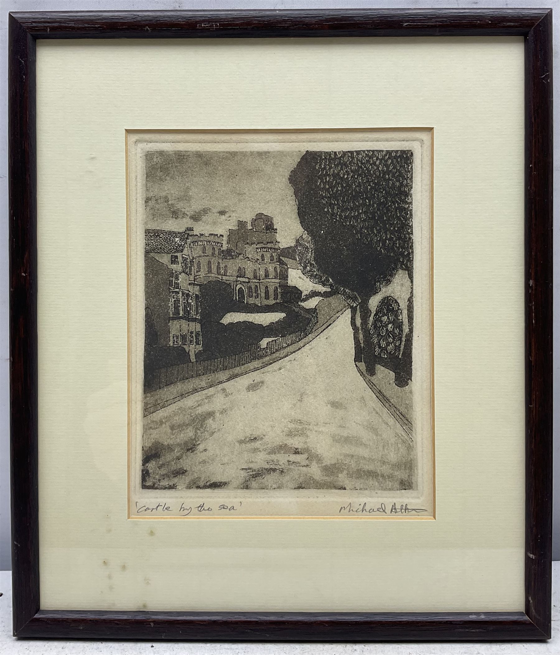Michael Atkin (Scarborough 1952-): 'Castle by the Sea', 'Scarborough', 'Grand Hotel', and 'Market Place - Whitby', set four etchings with aquatint signed and titled in pencil 18cm x 14cm (4)