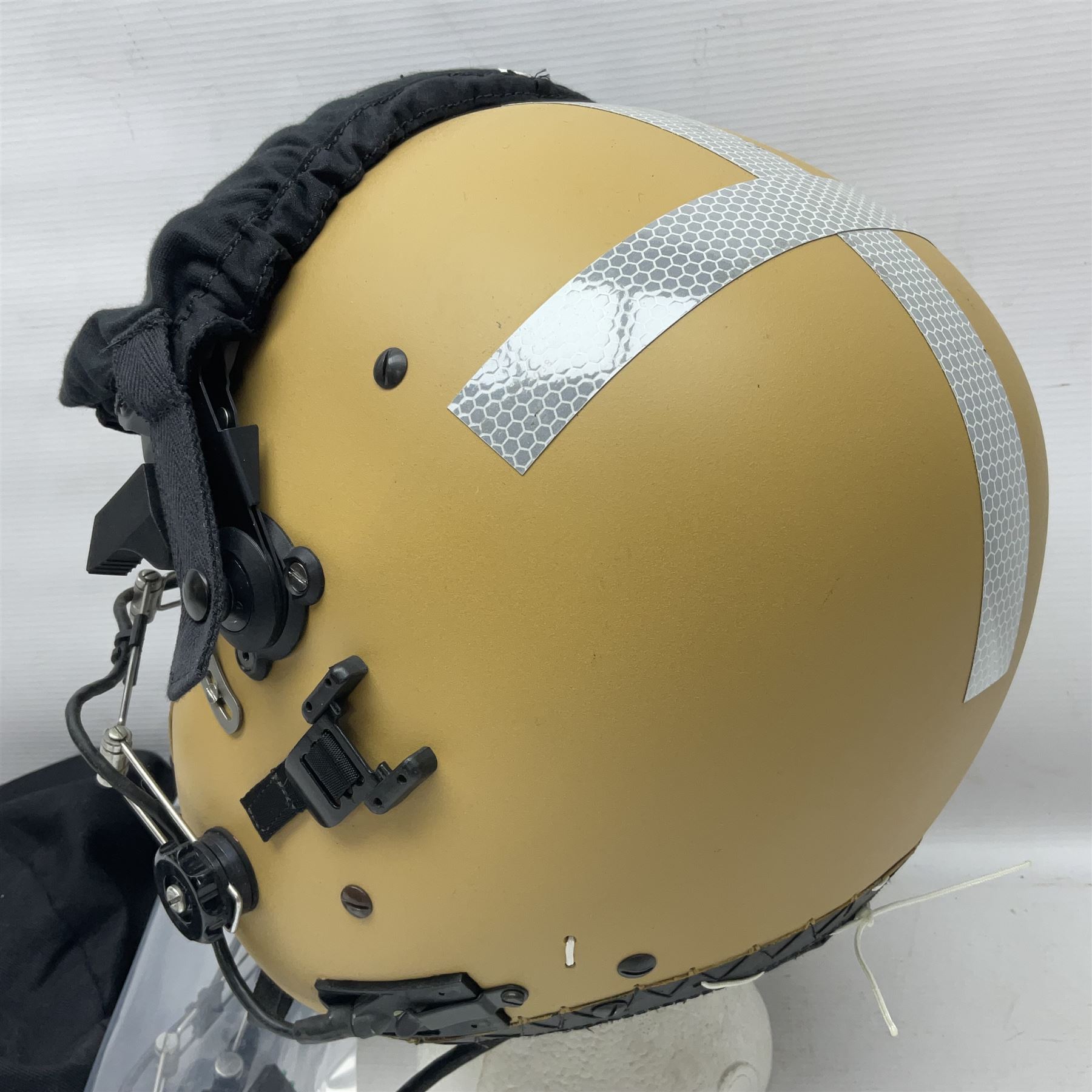 Mk.4 Flight Helmet, as used by RAF and Civilian helicopter pilots; in RAF sand colour (desert use),  fitted with cloth visor cover and working boom mike; has had a complete refit and is bench tested.
