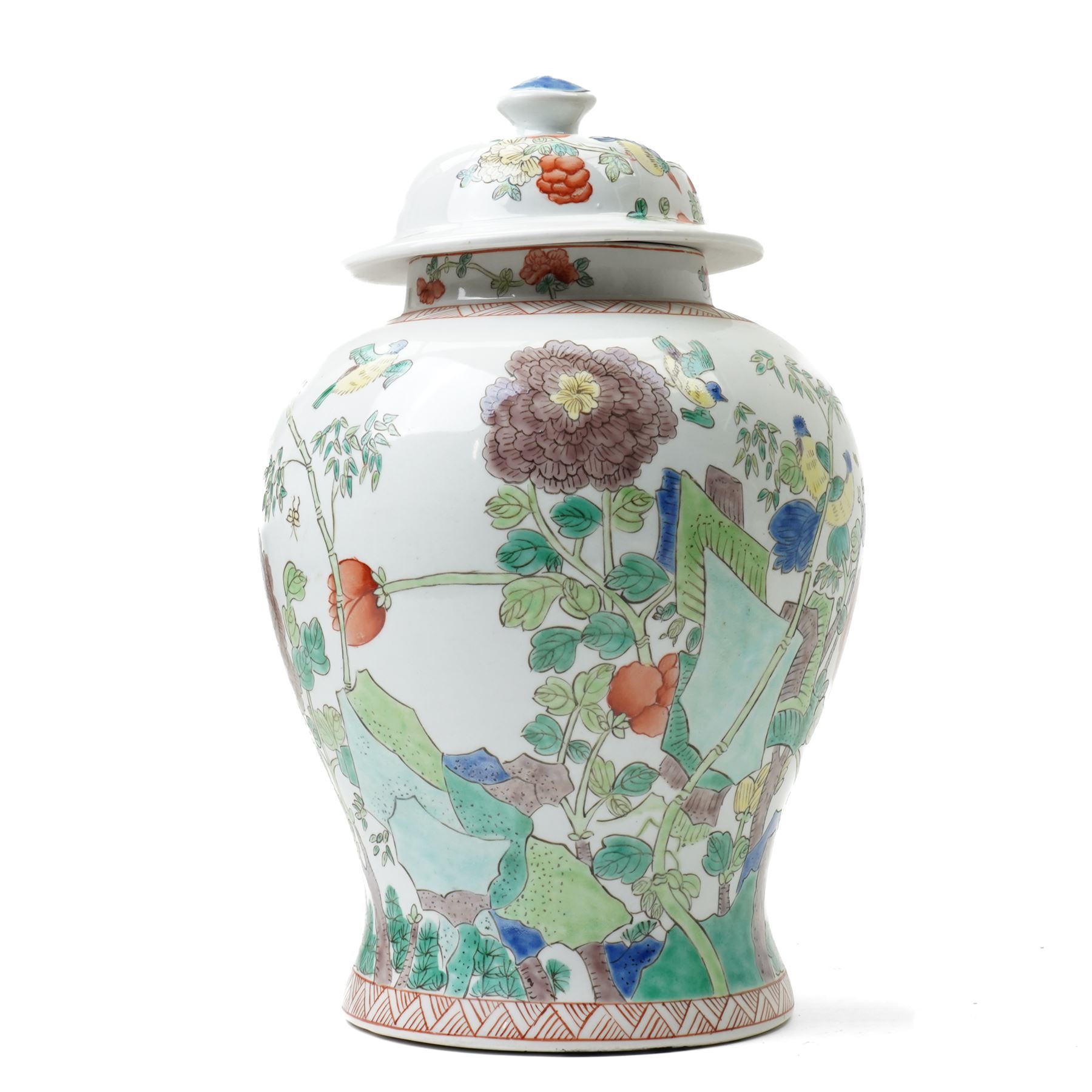 Chinese famille verte jar and cover, painted with traditional foliage and birds, Republic period, four character mark to base, H43cm 