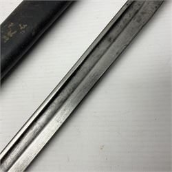 WWI British 1907 pattern bayonet, the 43cm fullered blade by Wilkinson with various marks to the ricasso; in leather covered scabbard numbered 294 to the throat and stamped M/58 L58.5cm overall