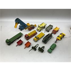 Dinky/Corgi - fifteen unboxed and playworn die-cast models including TV Extending Mast Vehicle, Foden Flat-bed Lorry, AEC Monarch Thompson Tank, Euclid Rear Dump Truck, Leyland Comet Flat-bed Lorry, Elevator Loader, various trailers etc