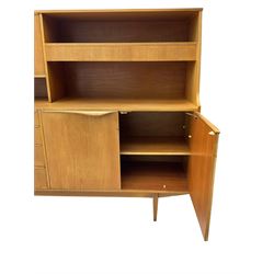 Mid-20th century teak sideboard, fitted with fall front cupboard, drawers and double cupboard