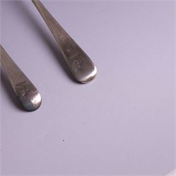 Two George III Old English pattern silver spoons, each engraved with arm and hammer crest to terminal, both hallmarked