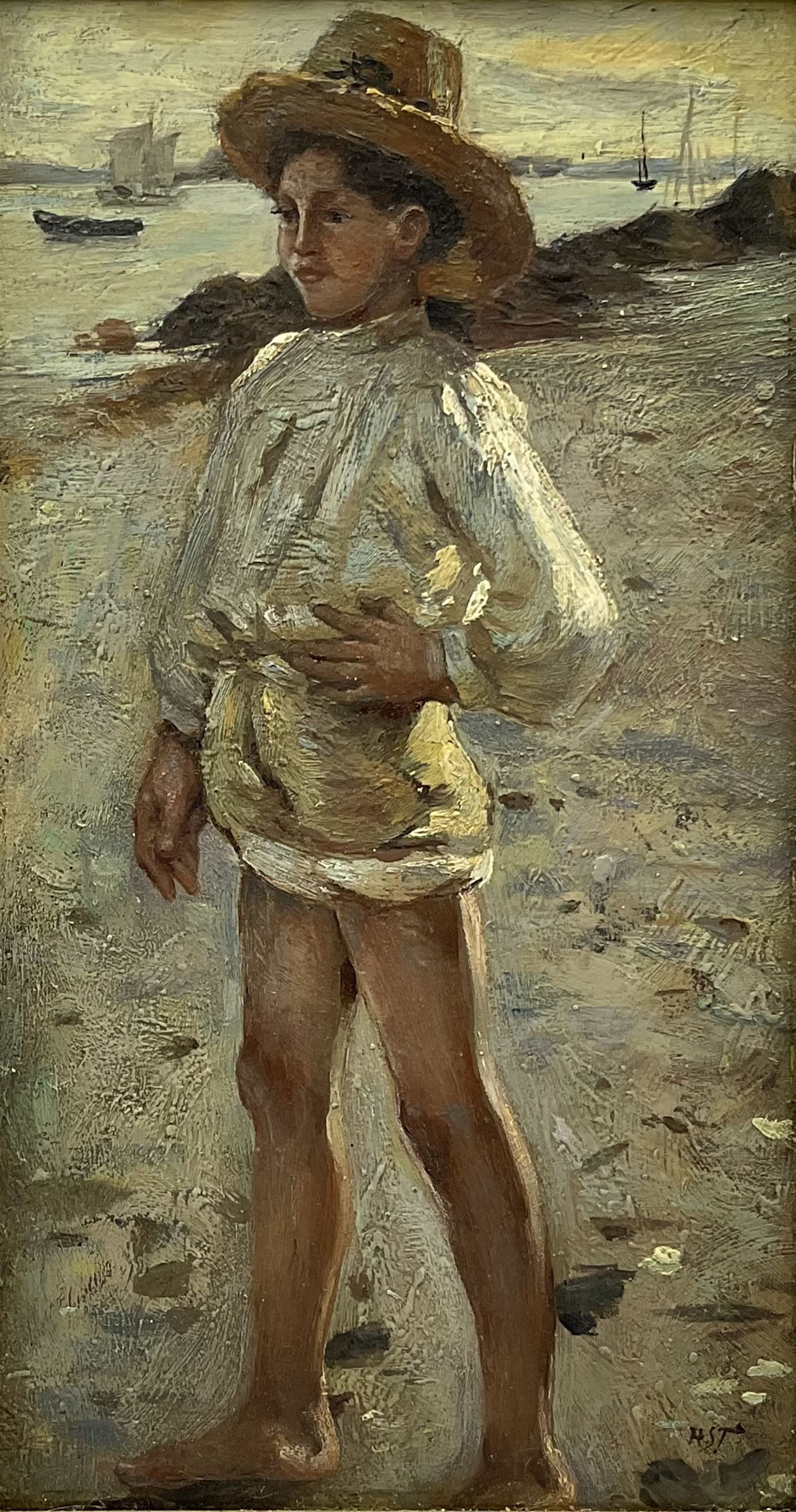 After Henry Scott Tuke (British 1858-1929): Boy on the Shoreline, oil on panel signed with initials 37cm x 20cm