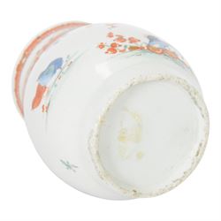 Mid 18th century Worcester mug, circa 1756-1758, of bell form with grooved loop handle, decorated in the Two Quail pattern in the Kakiemon palette with two birds and blossoming prunus trees amongst further flowers, sprigs and insects, bellow an iron red foliate border to rim, H12cm
