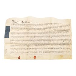 York suburbs interest - extensive collection of 18th century and later vellum indentures, wills, probate documents and property papers charting property ownership and local families in Acomb, Huntington, Earswick, Bishopthorpe, The Mount, Heworth, Heslington and other York suburbs and villages, including documents relating to tradespeople, innkeepers, farmers and householders, many retaining original wax seals, revenue stamps and probate seals, in one box