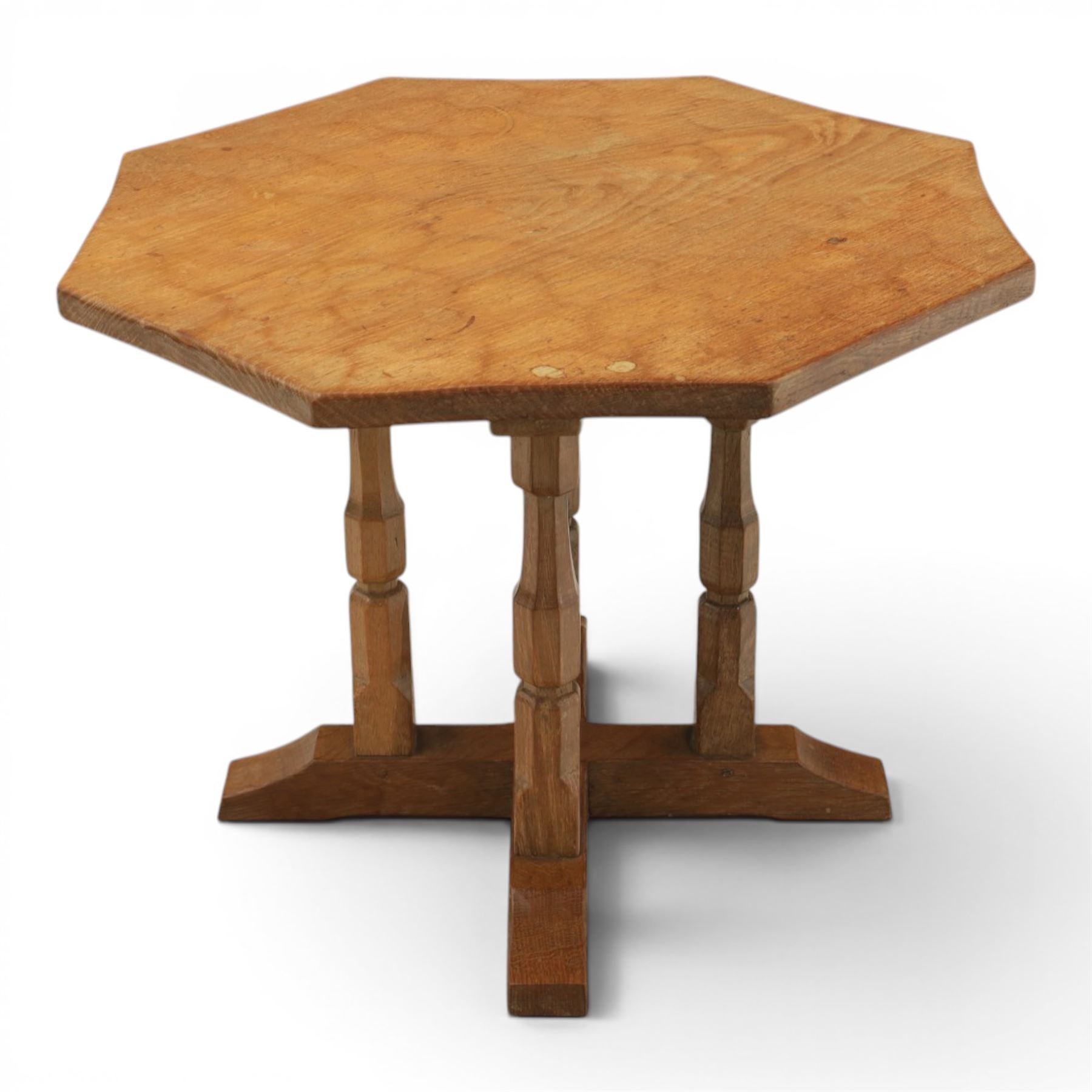 Yorkshire Oak octagonal occasional table, adzed top raised on four chamfered supports
