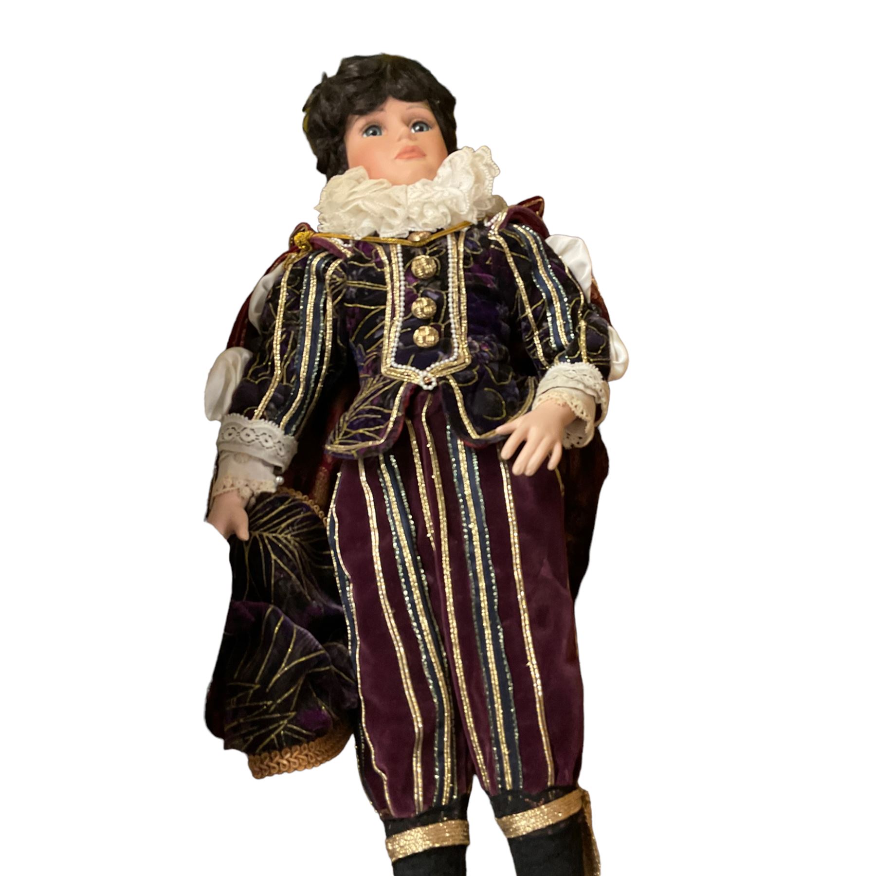 Alberon doll in tudor dress, together with another dressed as Robert Devereux Early of Essex and a Dolmetsch Treble recorder