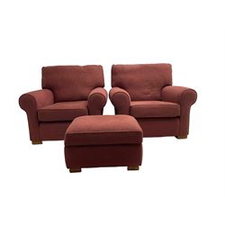 Multiyork - traditional three seat sofa upholstered in claret red fabric (W200cm H80cm); and pair matching armchairs (W103cm) 