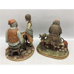Four Capodimonte figure groups, to include tramp figures, shoemaker figure etc