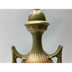 Early 20th century Royal Worcester vase decorated by Harry Davis, of ovoid form with twin acanthus mounted handles and waisted high neck supporting a domed cover, upon a circular foot, the body hand painted with sheep in a highland landscape, signed H Davis, with puce printed marks beneath including shape number 2425, and date code for 1907, H27.5cm