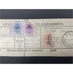 South Africa, Orange Free State, partial cover with one penny stamp cancelled with various postmarks 'Stopped By Censor Return To Sender' purple rectangular stamp and 'V R Opened Under Martial Law' pink slip and three telegrams with various stamp values
