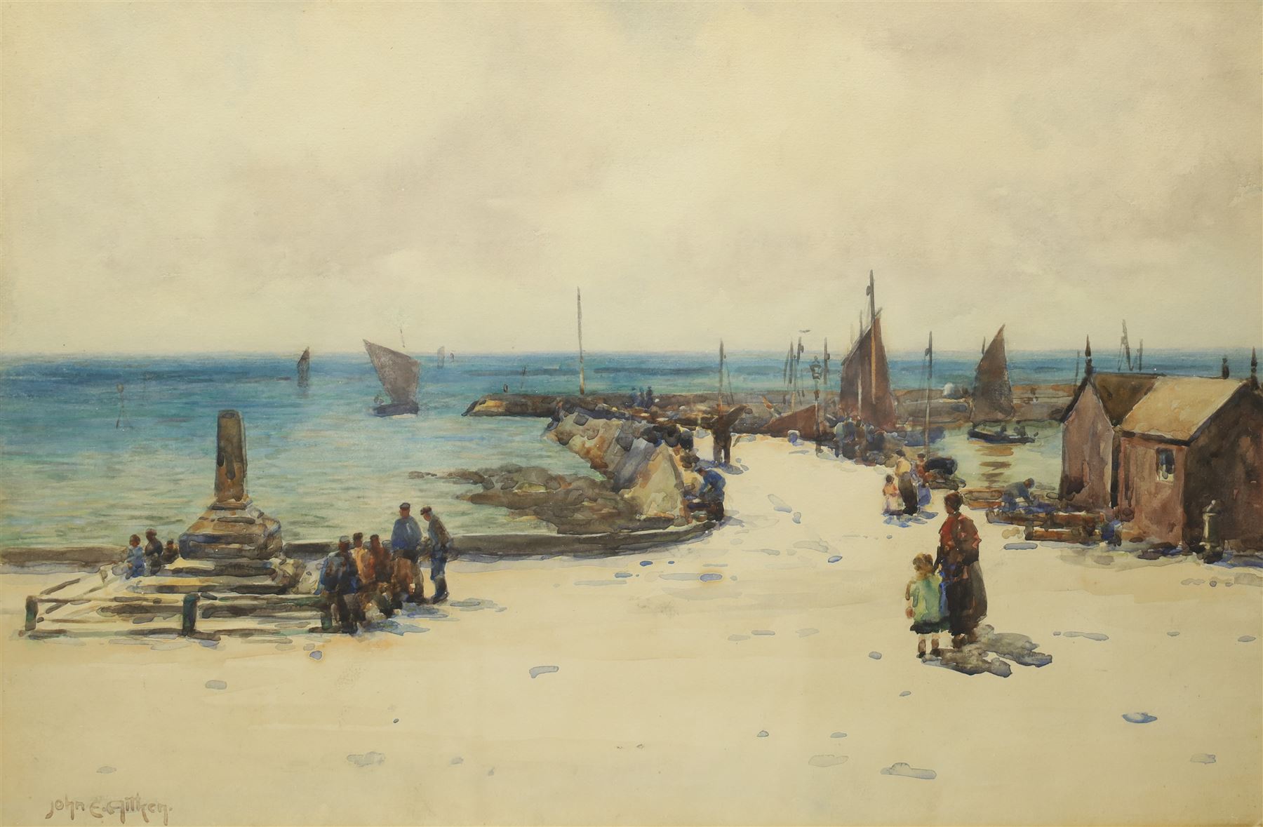 John Ernest Aitken (Scottish 1881-1957): 'A North Sea Harbour', watercolour signed, titled on Chas. Rowley and Co 1910 Ltd label verso 33cm x 49.5cm