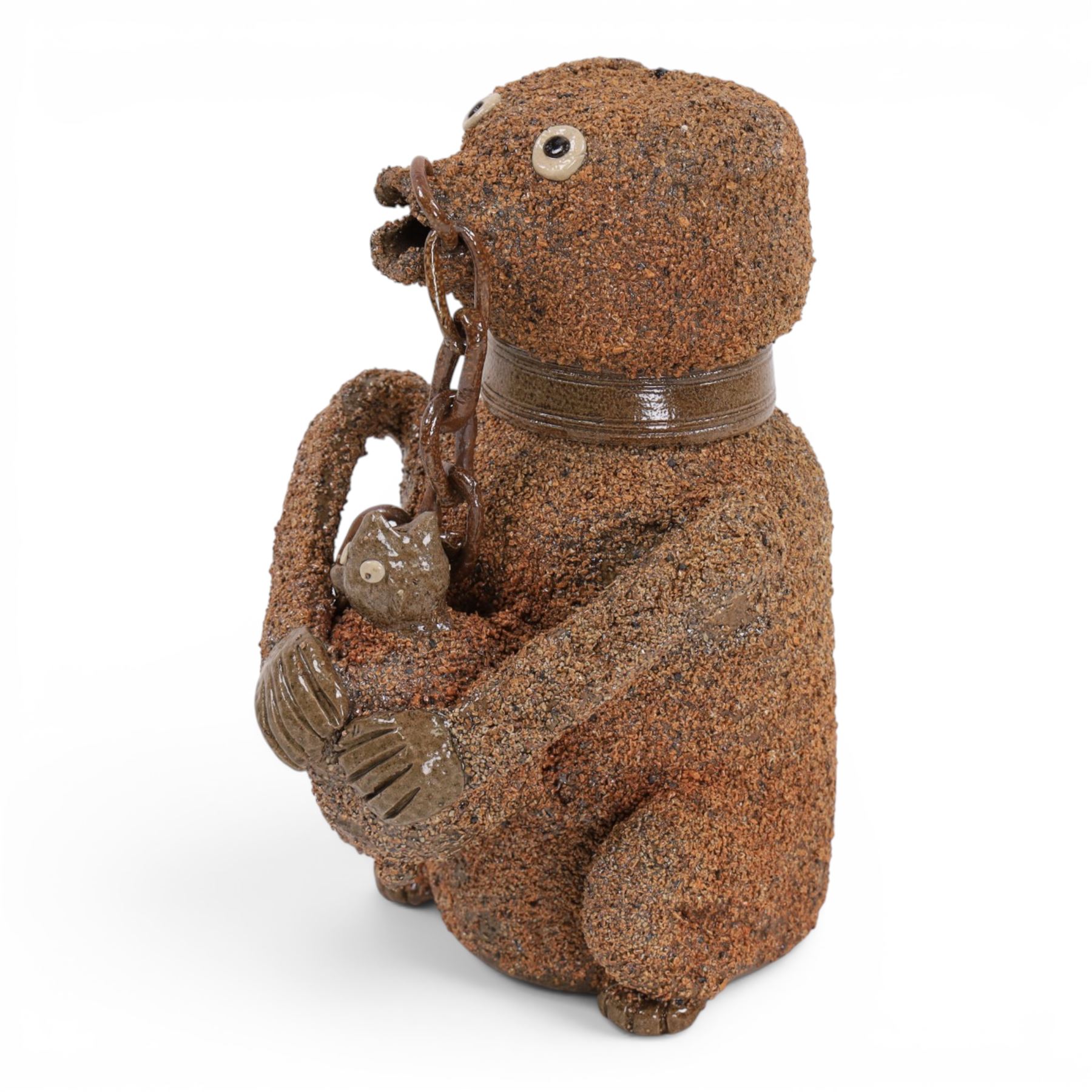 John Hudson; stoneware bear jar , in the manner of an 18th century Nottinghamshire salt glazed stoneware bear baiting jar and cover, H26cm