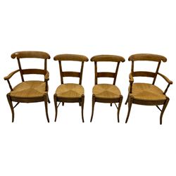 Set of four French walnut dining chairs, rush seats,  comprising two arm and two side chairs