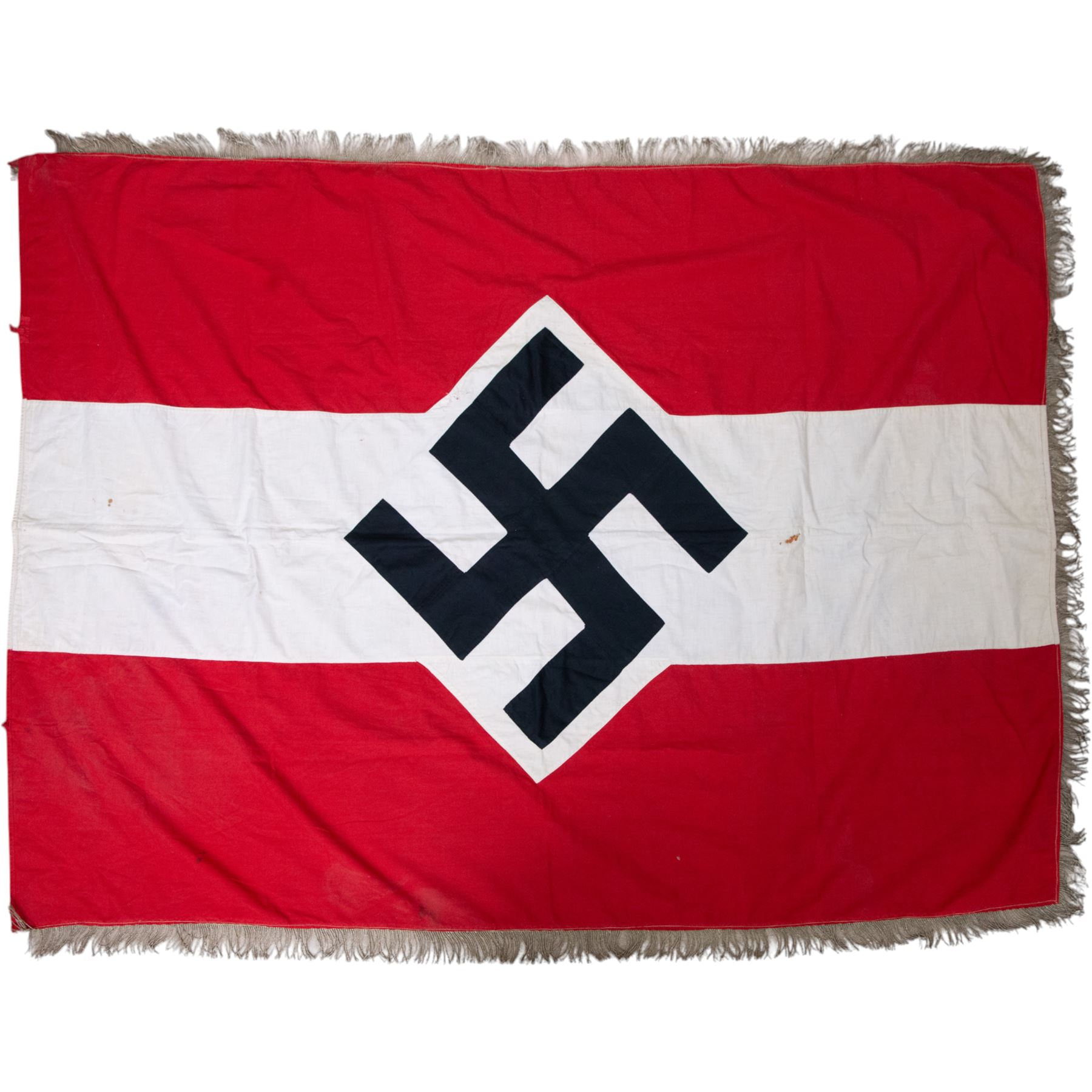 WWII German Third Reich Hitler Youth flag, with central swastika and later silver tress added to the edge