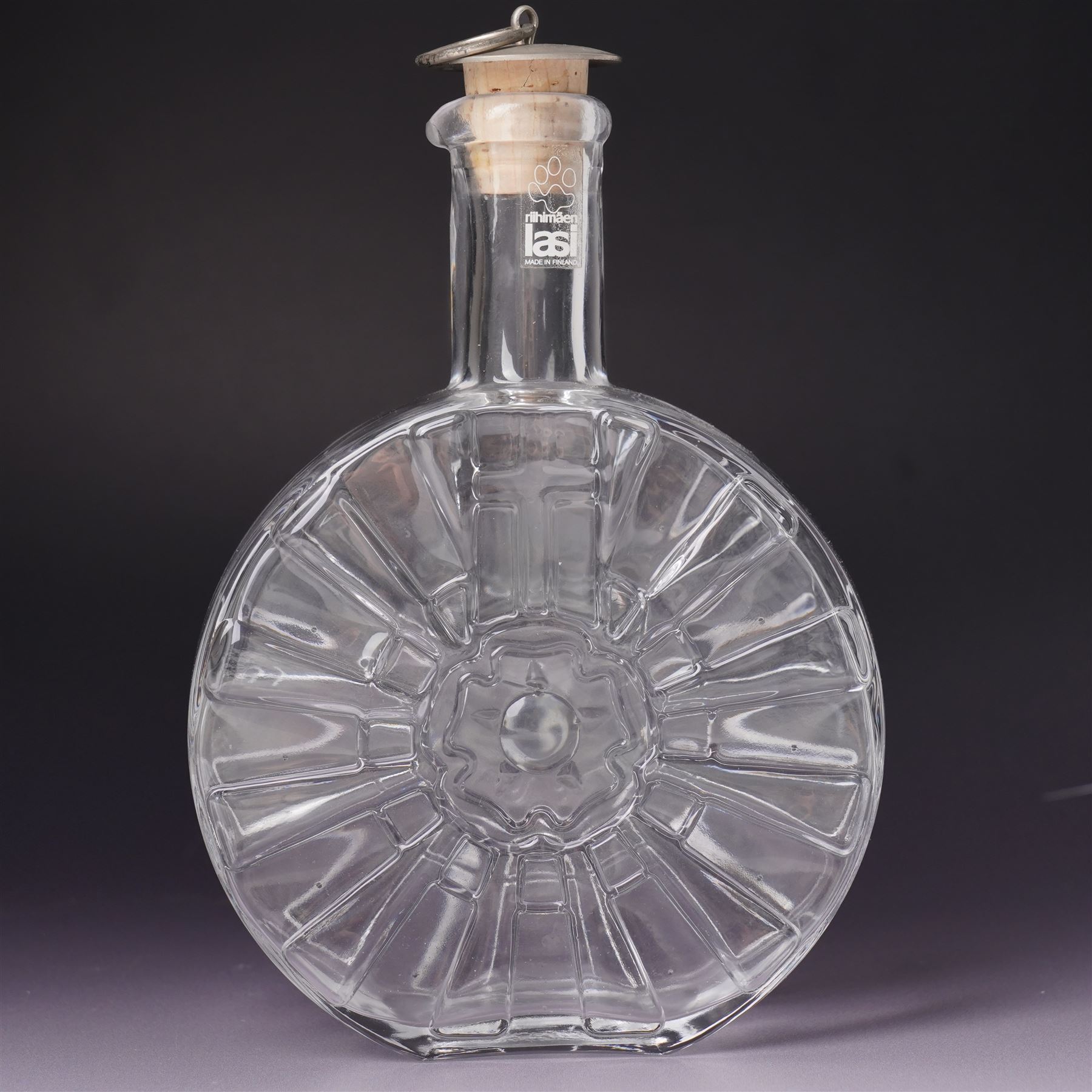 Nanny Still (Finland 1926-2009); decanter with four vodka glasses, decorated with a rose and the Finnish flag, H18cm 