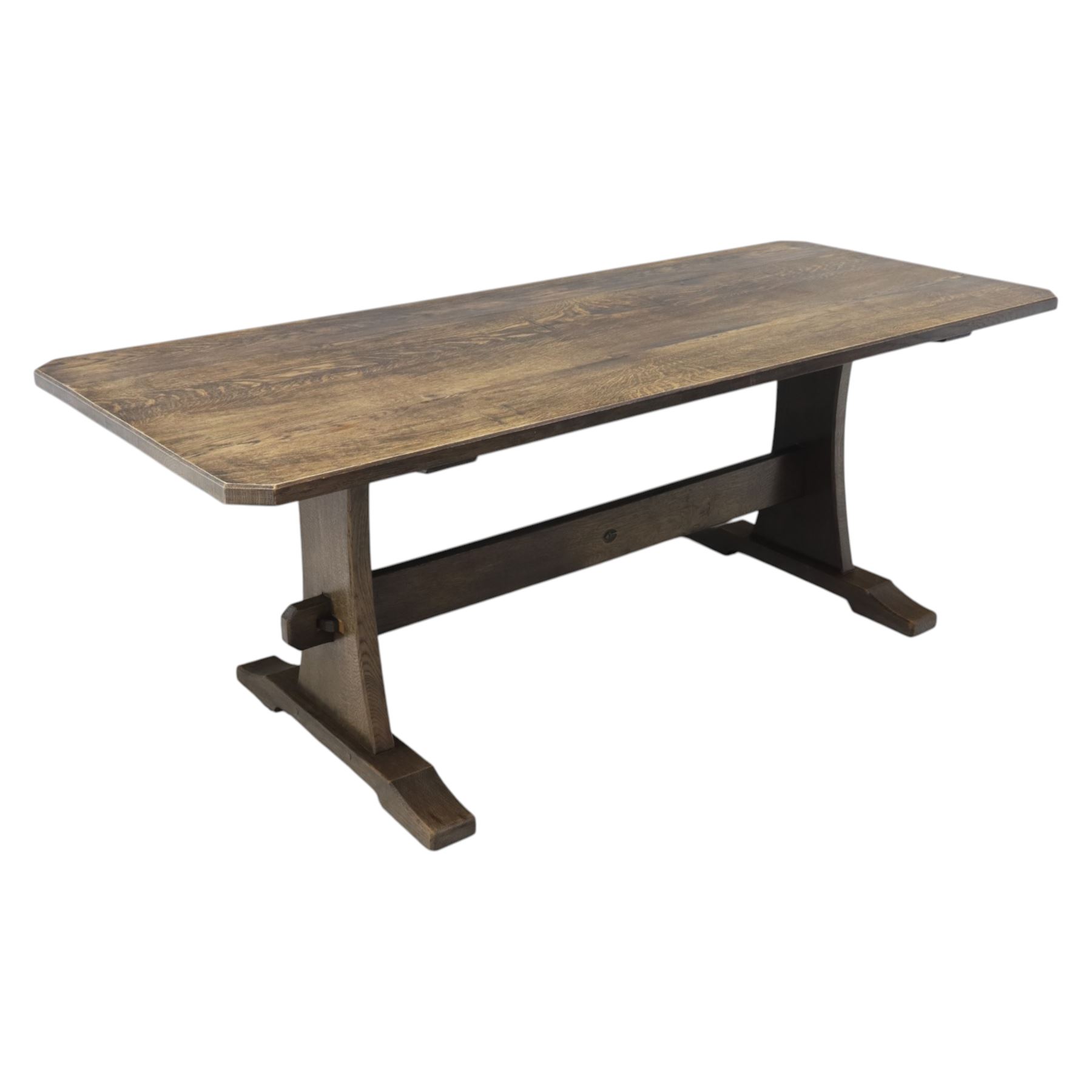 Acorn Industries - country oak kitchen or dining table, rectangular top with canted corners, shaped pedestals with joining pegged stretcher, Acornman signature
