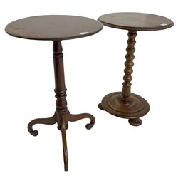 19th century walnut occasional table, circular moulded top on bobbin turned stem, circular moulded base on compressed feet (H70cm); 19th century walnut tripod table, circular table on turned stem, on splayed supported with scrolled terminals (H74cm)