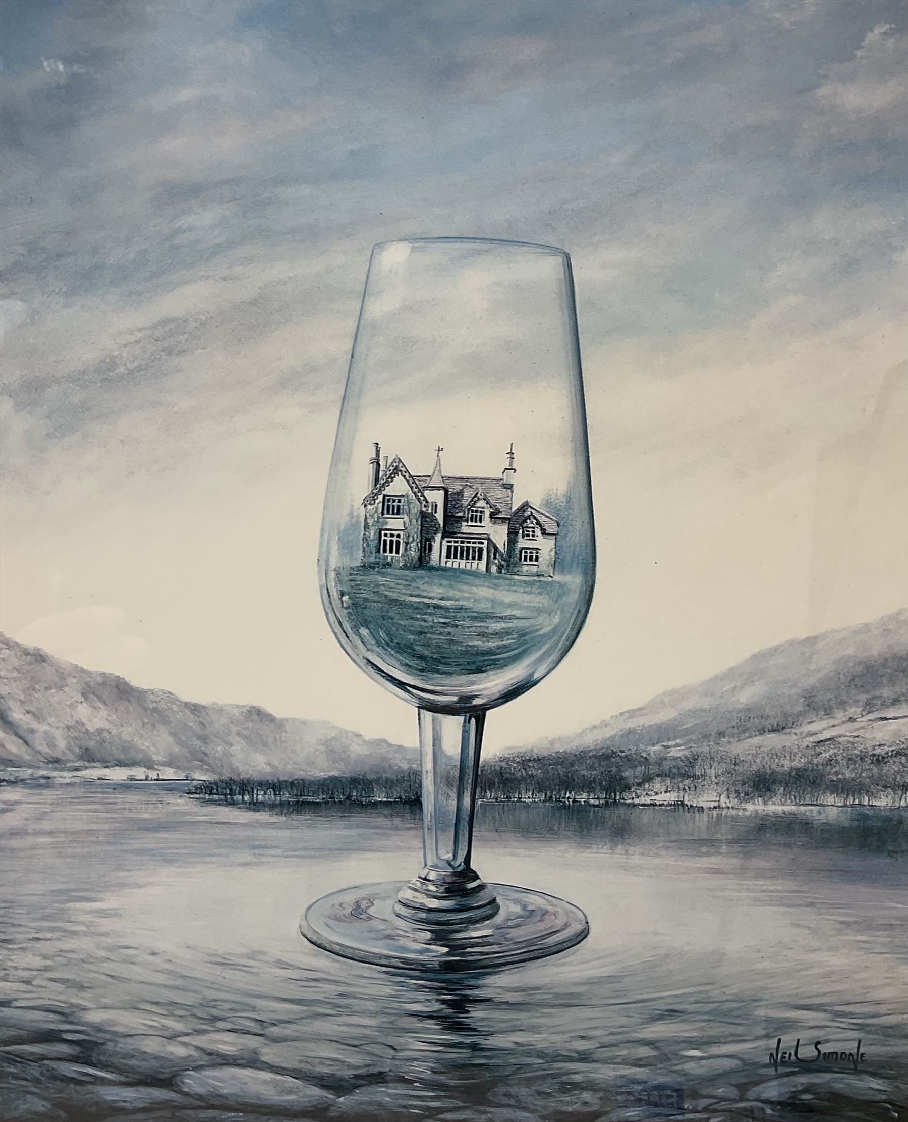 Neil Simone (British 1947-): 'Port Decanter' (with a view of Whitby Abbey), 'The House of Glass' and Wheelbarrow, set three limited edition colour prints signed in pencil 30cm x 25cm (3)