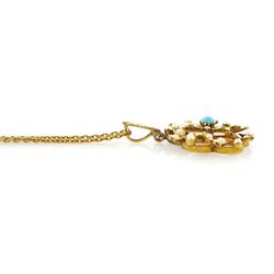 Edwardian gold turquoise and split pearl foliate pendant necklace, both stamped 15ct