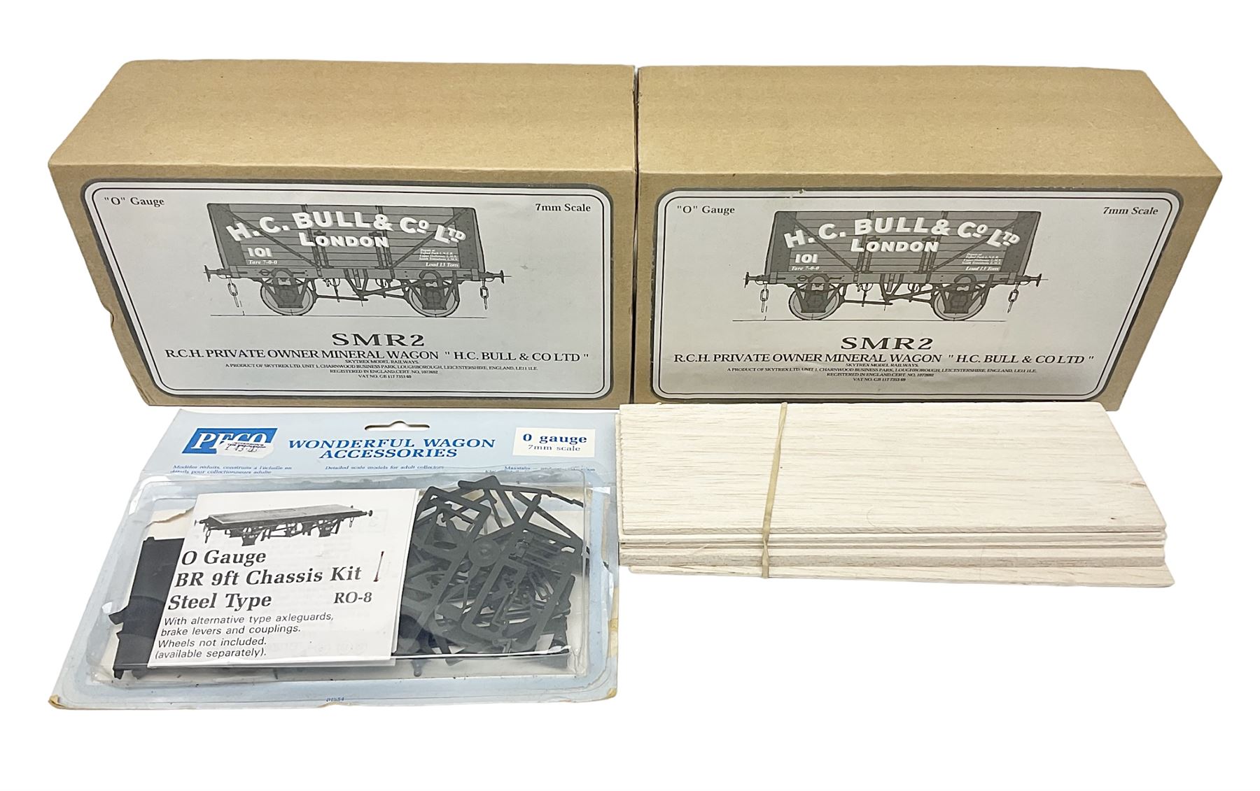 '0' gauge - two Finescale Wagons by Skytrex, SMR2 kit-built and painted for H.C. Bull & Co Ltd; both boxed; and Peco unmade wagon kit in opened packaging (3)