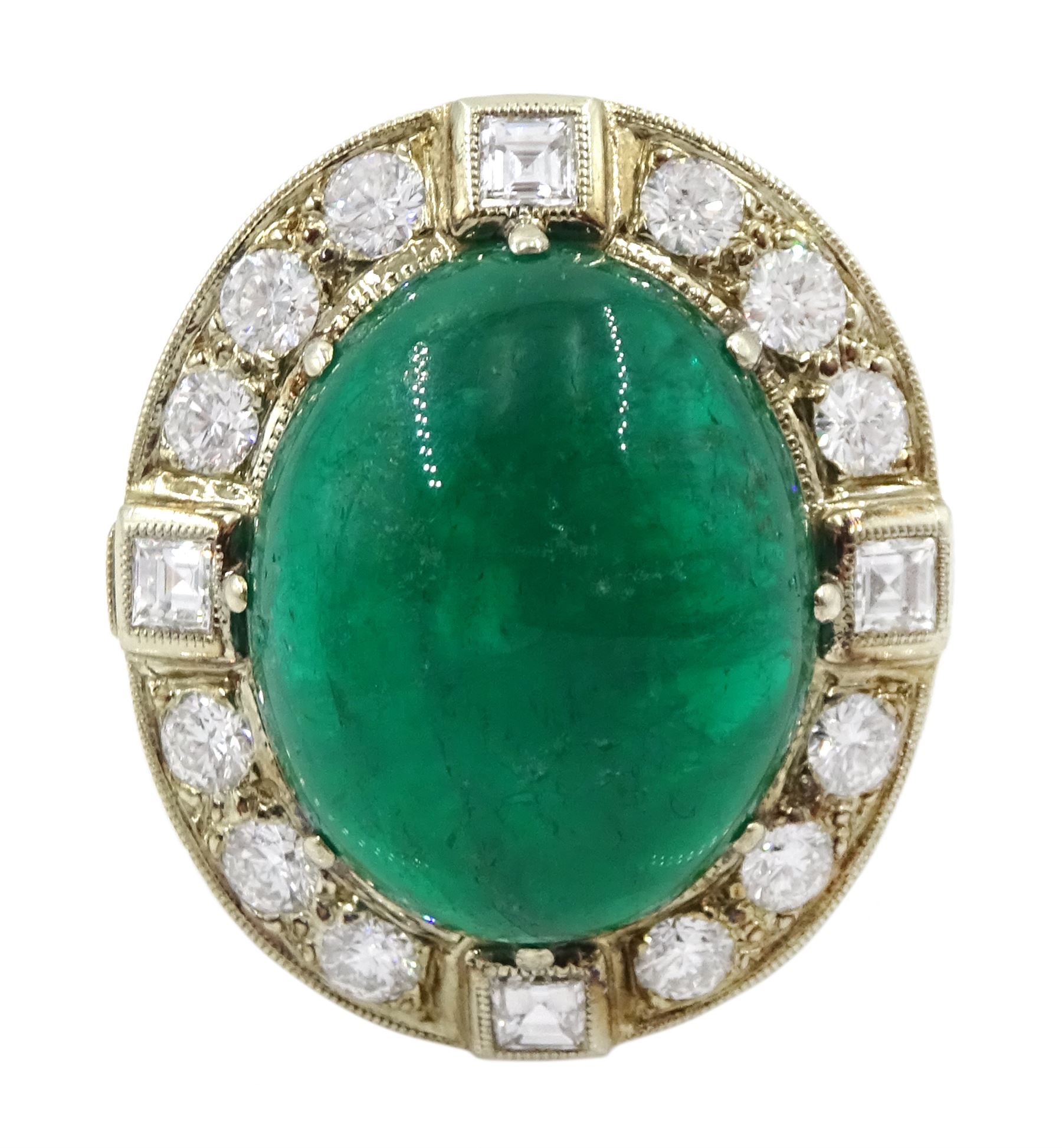 Gold emerald and diamond ring, the central oval cabochon emerald, with sixteen round and rectangular cut diamond halo surround by Judith Crowe, hallmarked 9ct, emerald 20.00 carat, total diamond weight 2.00 carat, with World Gemological Institute report