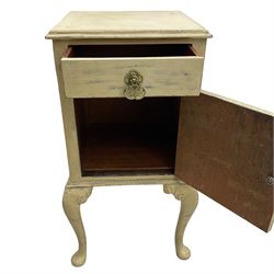 Pair of mid-20th century cream painted bedside cabinets, rectangular top over single drawer and cupboard, on cabriole supports
