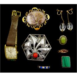  Victorian gold mourning brooch, two gold stone set rings and a pair of gold crystal screw back pendant earrings, all 9ct, silver stone set jewellery including malachite ring, brooch and one other ring and an Omega De Ville manual wind wristwatch