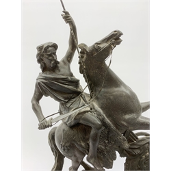 After Theodore Doriot, 19th century spelter figure of a barbarian warrior with spear and sword on a rearing horse, with battle trophies on the naturalistic base, H64cm including later ebonised wooden base