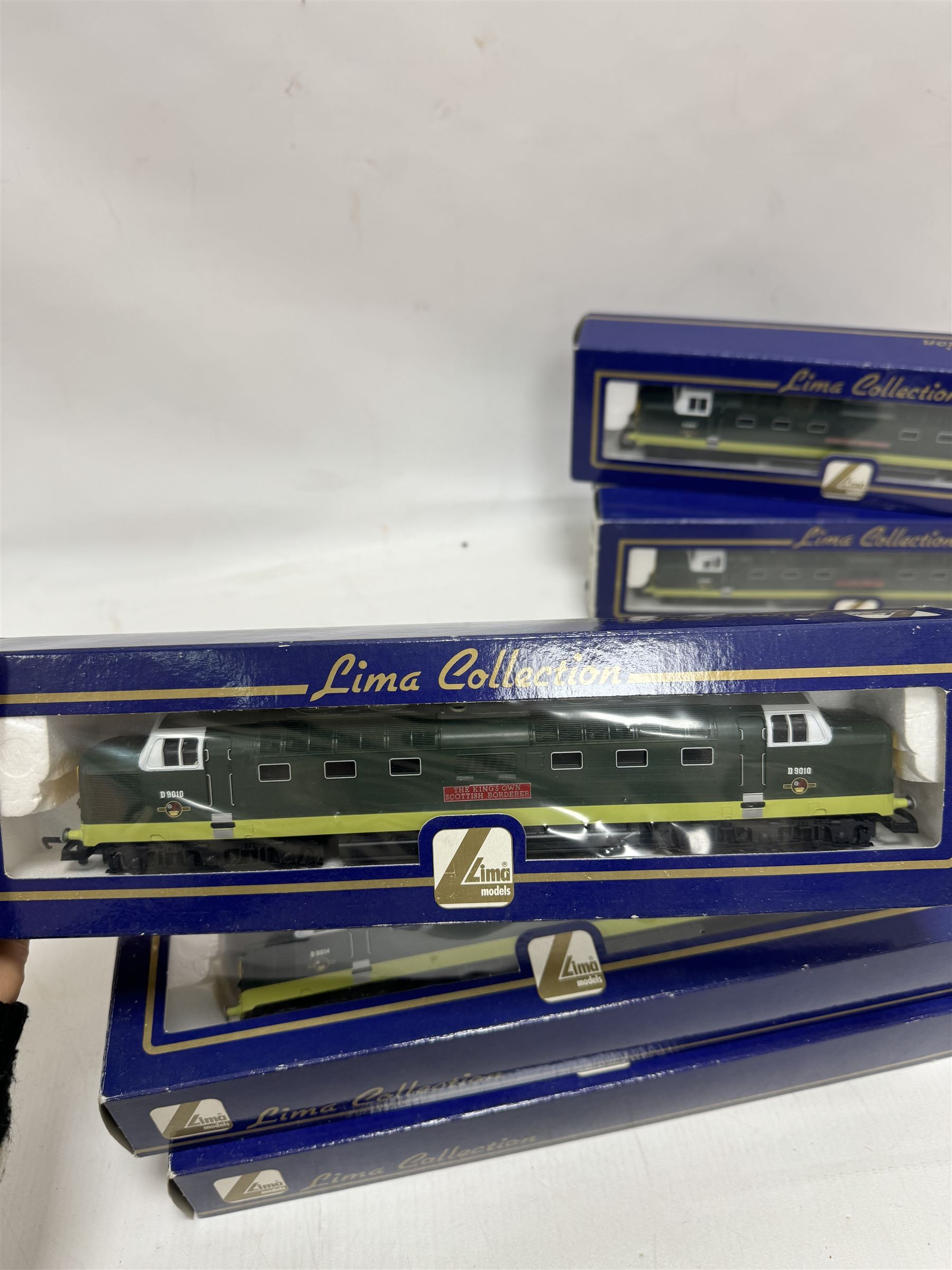 Five Lima ‘00’ gauge Class 55 Co-Co Deltic diesel locomotives, comprising four L204952 examples, including one with original name and number Crepello no. D9012 and three reworked as Argyll & Sutherland Highlander no. D9021, Royal Highlanders Fusilier no. D9019, St Paddy no. D9001 and a L204951The Prince of Wales Own Regiment of Yorkshire no. D9005, all in BR two tone green livery, all boxed 