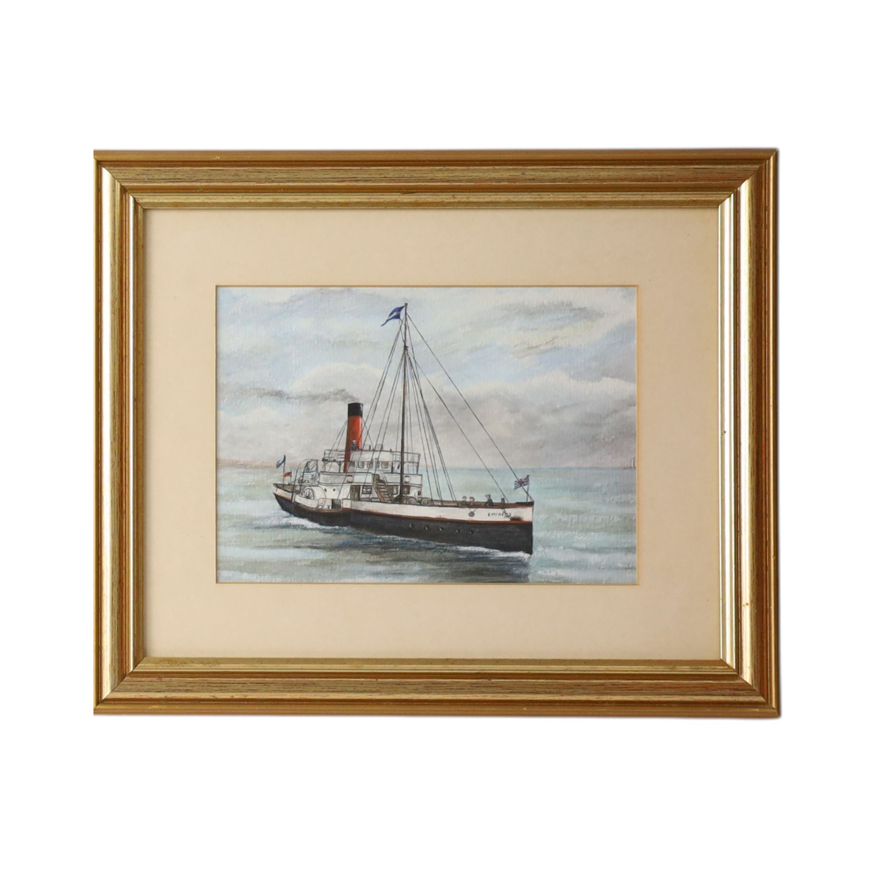 R A Pacey (British): clipper, tugboat, paddle steamer and steamboat, four watercolours, two signed, largest painting H12cm, W20cm